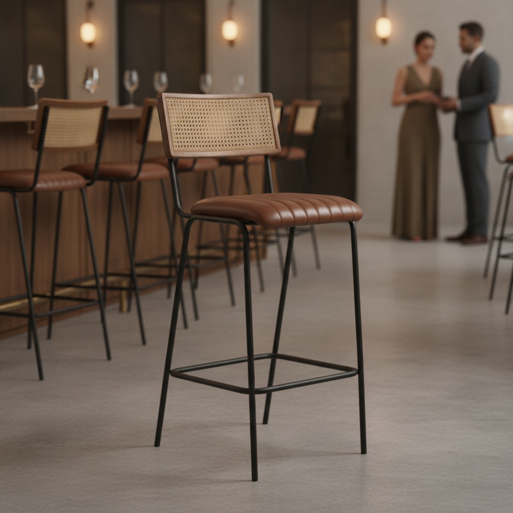 Genuine Leather Bar Stool with Cane Backrest 1010x530mm for Hospitality (Pack of 1)