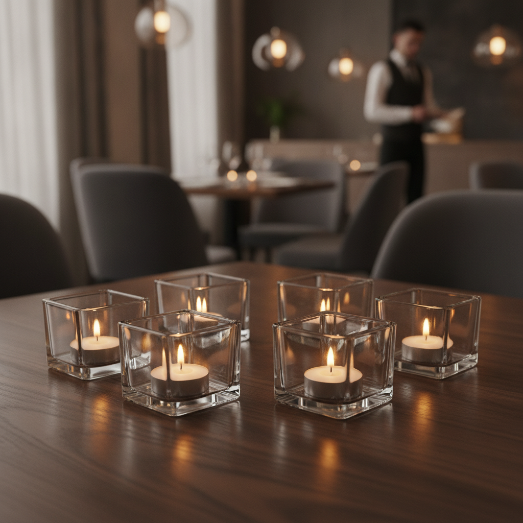 Glass Tealight Holders Square Clear 60x60mm for Dining Atmosphere (Pack of 6)