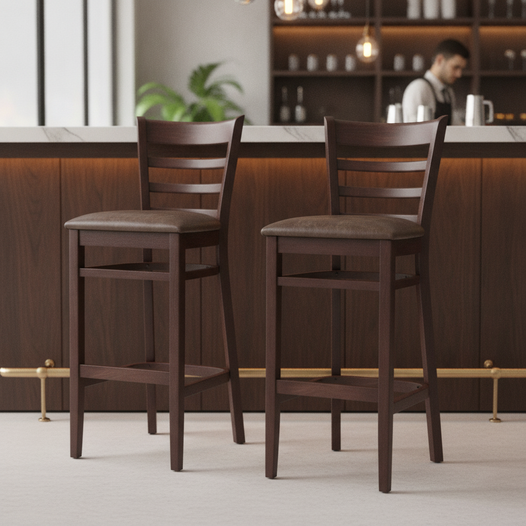 Beech Bar Stools with Vintage Faux Leather Upholstery 1090mm for Hospitality Venues (Pack of 2)
