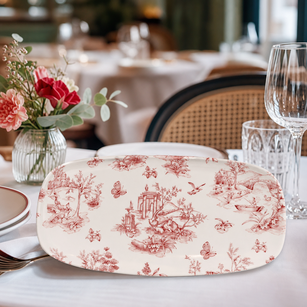 Cranberry Toile Rectangular Plates 298mm Porcelain for Tearooms & Coffee Shops (Pack of 12)