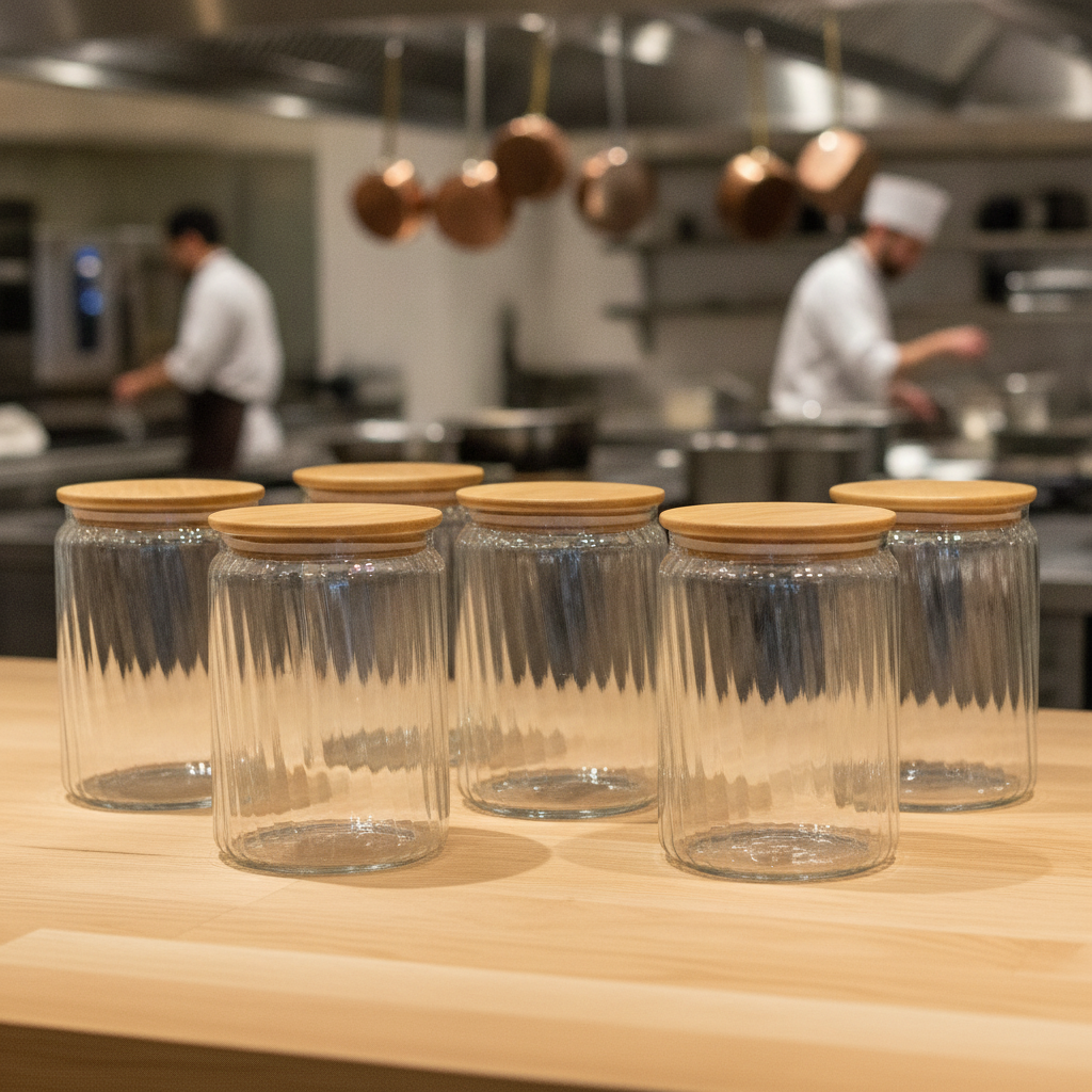 Ribbed Glass Storage Jars with Lids 1L for Home & Office (Pack of 6)