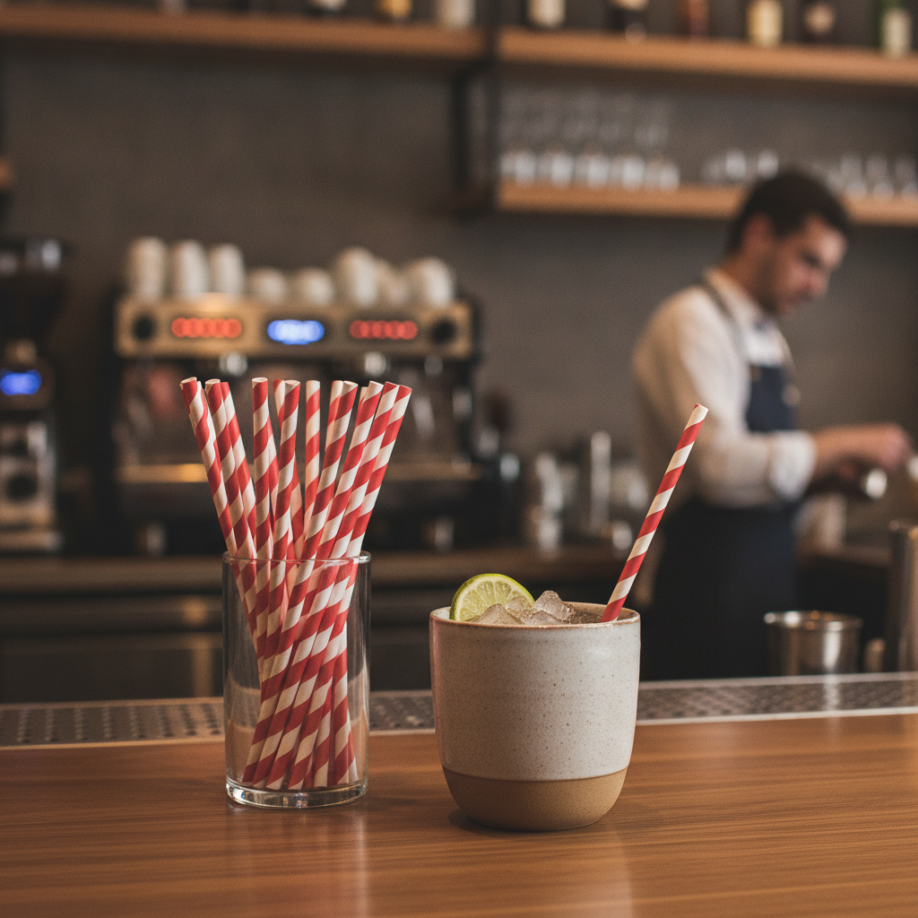 Compostable Paper Straws Red & White Stripe 6mm for Drinks Service (Pack of 250)