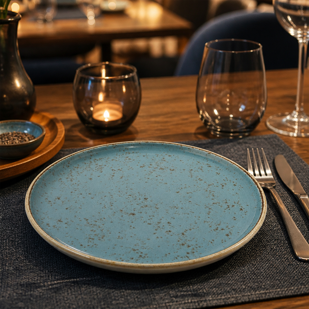 Hand-Decorated Stack Plates Blue Vitrified Ceramic for Hospitality Use (Pack of 12)