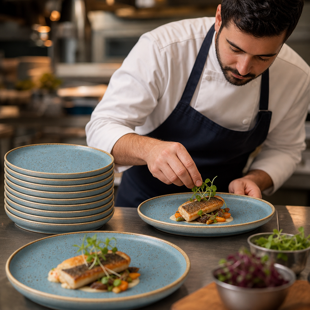 Hand-Decorated Stack Plates Blue Vitrified Ceramic for Hospitality Use (Pack of 12)