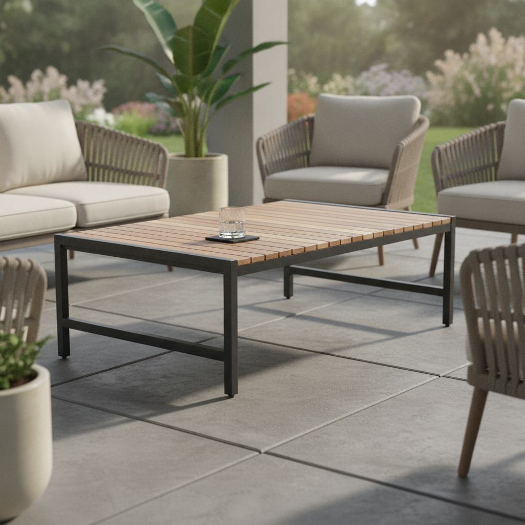 Acacia Wood and Powder-Coated Steel Low Coffee Table 410mm for Indoor & Outdoor Use