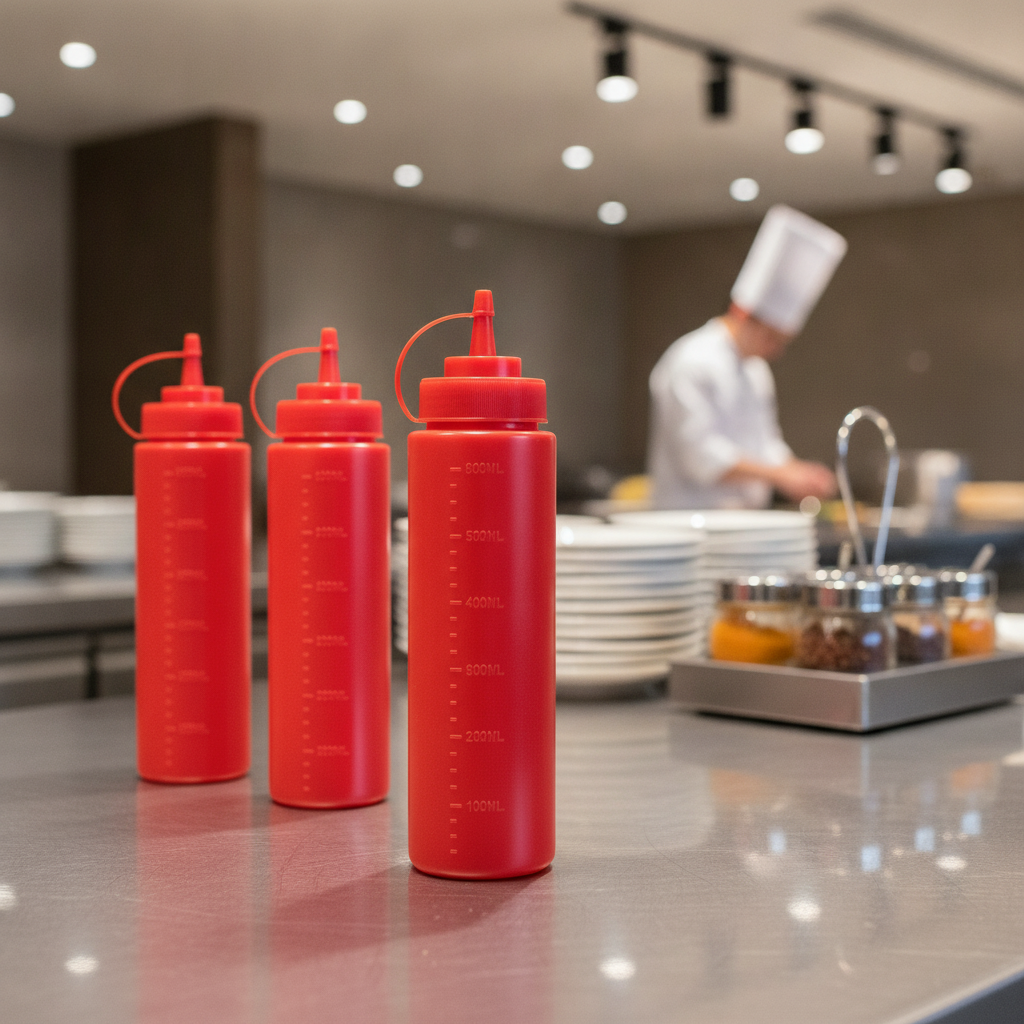 Polyethylene Red Squeeze Sauce Bottle 24oz for Self-Service Dining