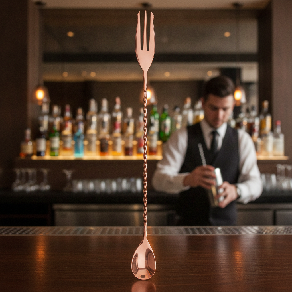 Stainless Steel Cocktail Spoon with Fork Copper Finish 303mm for Bars & Pubs