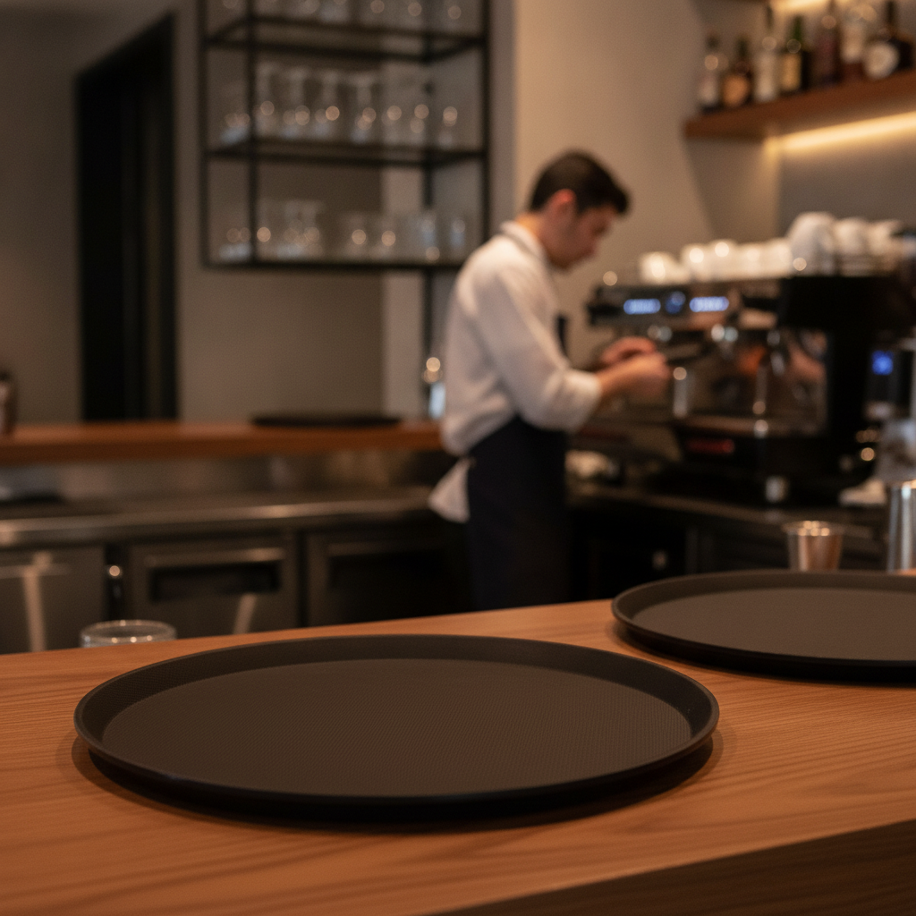 Fibreglass Round Non-Slip Tray Black for Restaurants & Bars