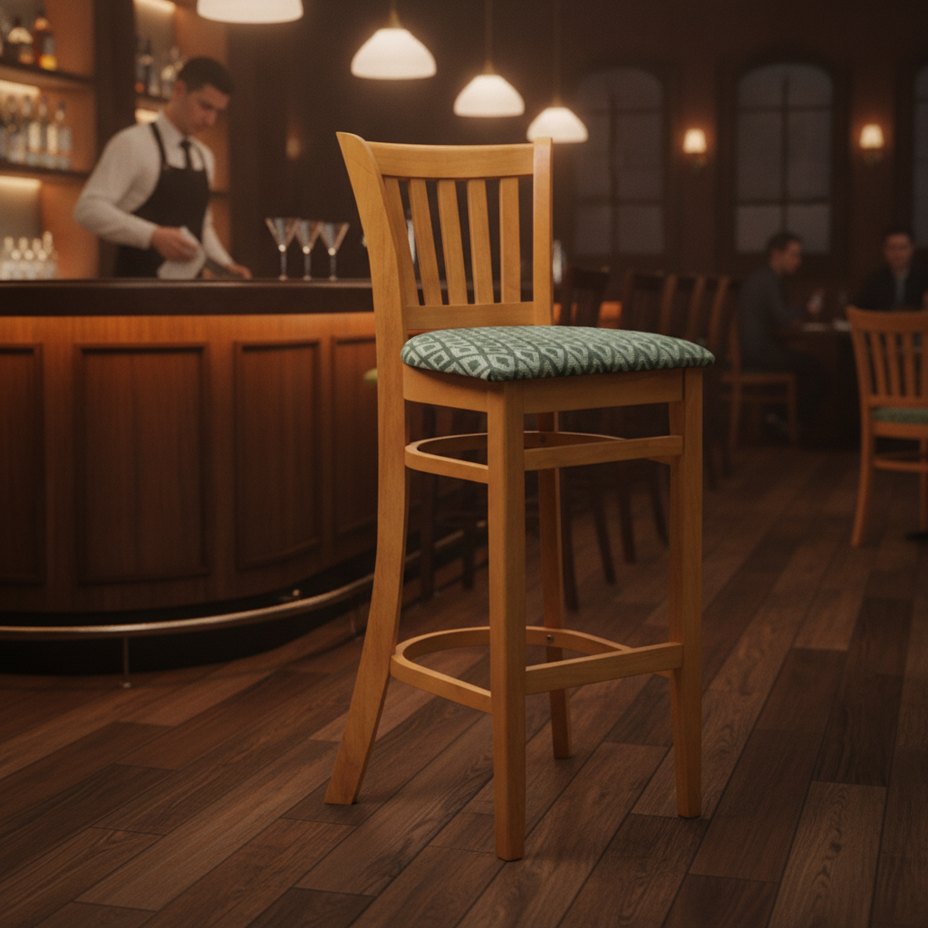 Rubber Wood Bar Chair with Green Padded Seat 1010x410mm for Hospitality Settings
