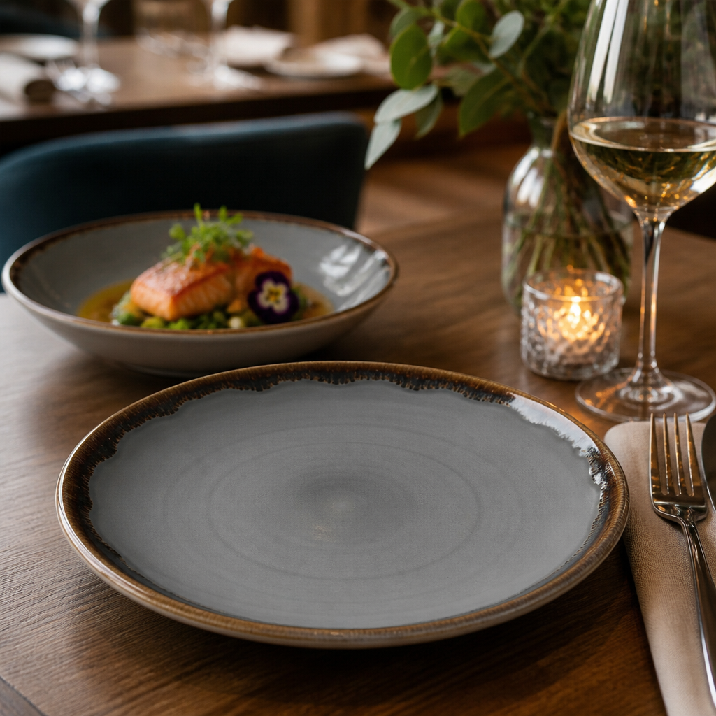 Hand-Finished Coupe Plates 217mm Grey Porcelain for Modern Dining (Pack of 12)