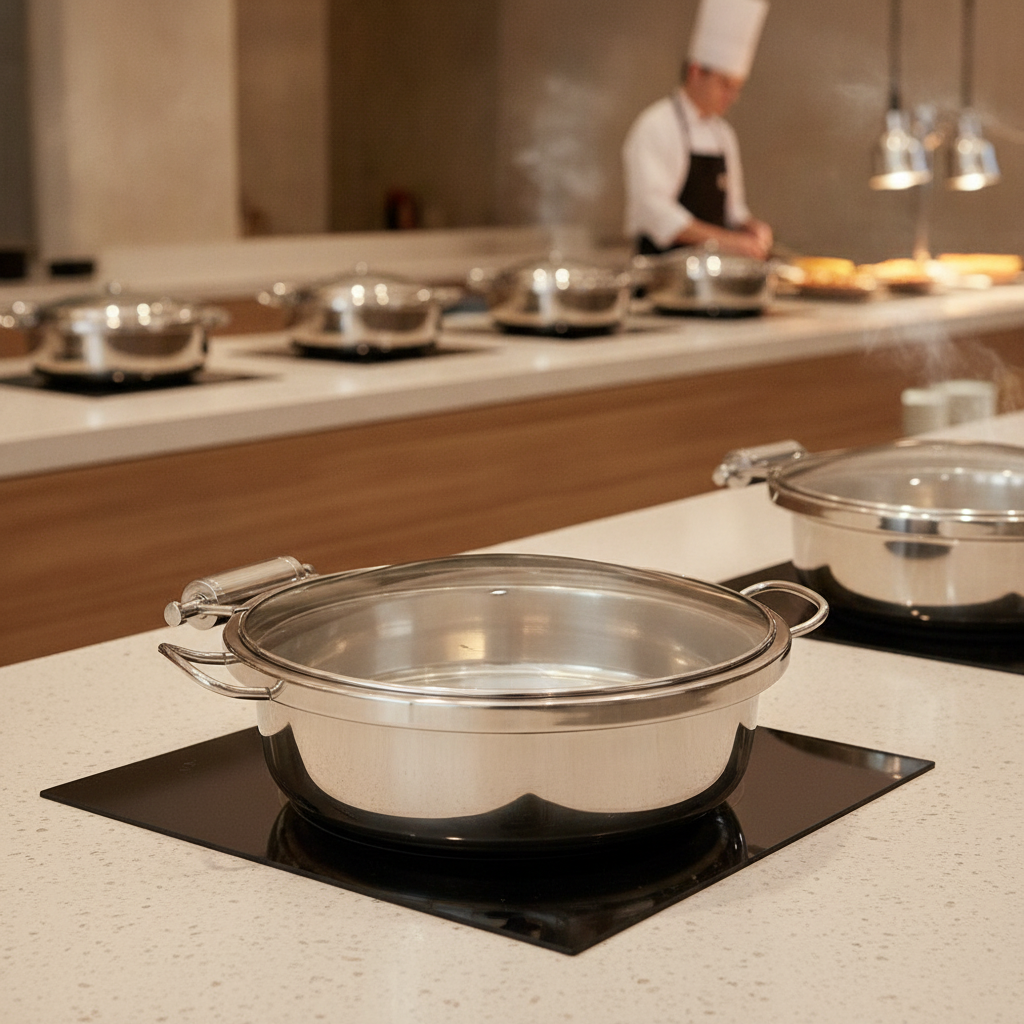Stainless Steel Round Hinged Induction Chafer 7.5L for Buffet Presentations