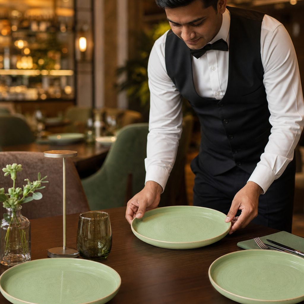 Walled Plates 260mm Green Vitrified Ceramic for Dining (Pack of 6)