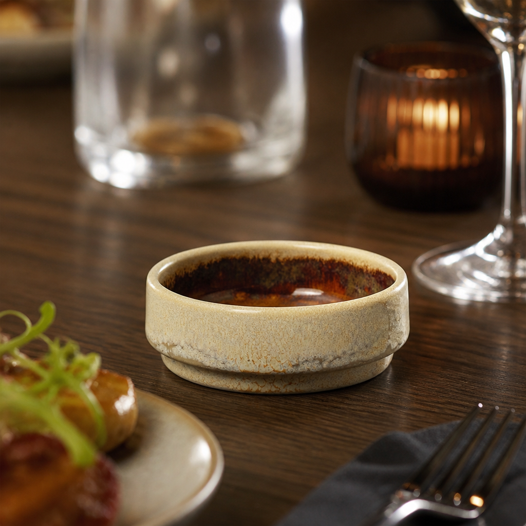 Round Stacking Trays 75mm Amber Vitrified Ceramic for Versatile Dining (Pack of 12)