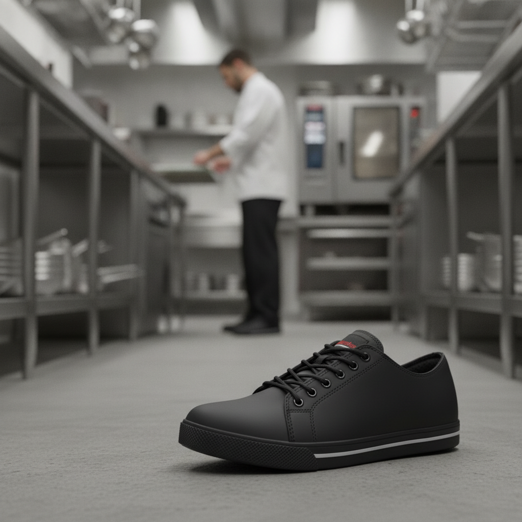 Microfibre Black Safety Trainers with Steel Toe Cap for Hospitality Use