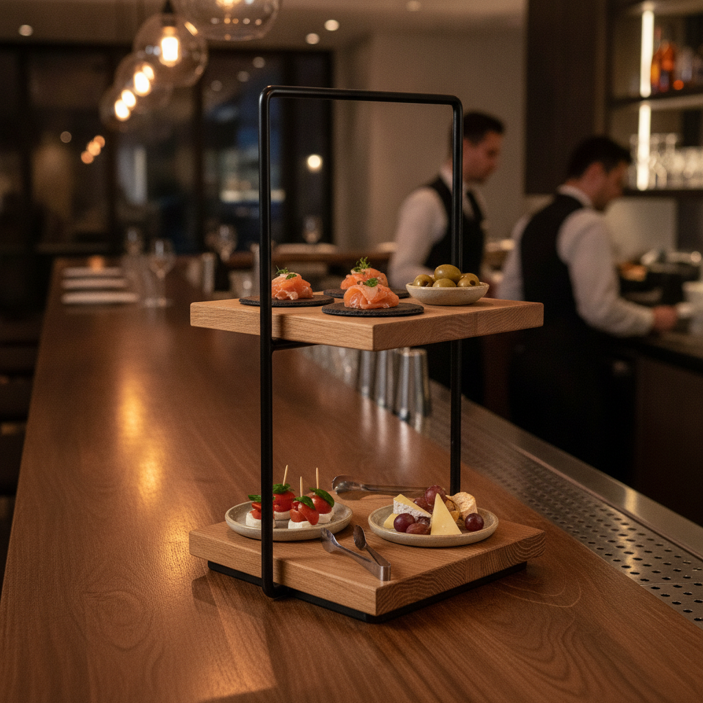 Metal and Oiled Oak Two-Tiered Etagere 405mm for Elegant Food Presentation