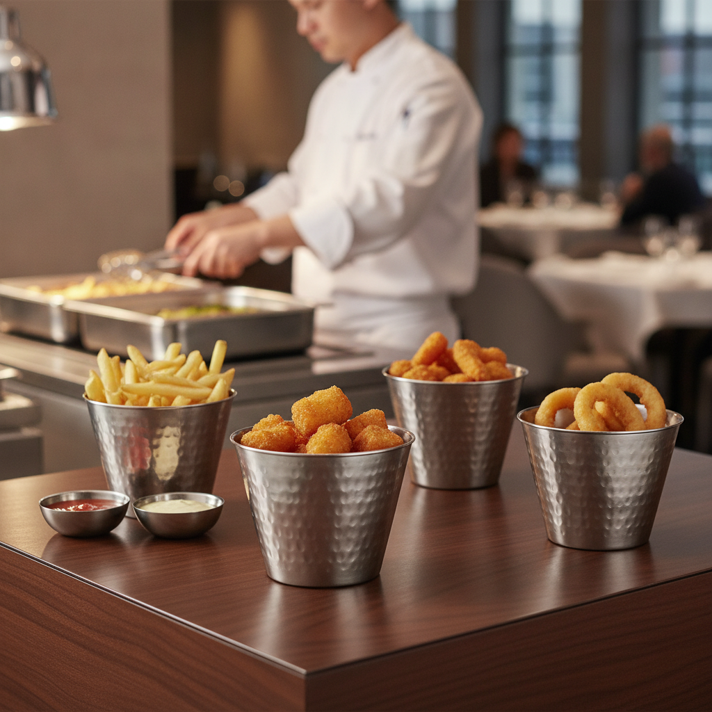 Stainless Steel Hammered Fry Cups 340ml for Buffets (Pack of 48)
