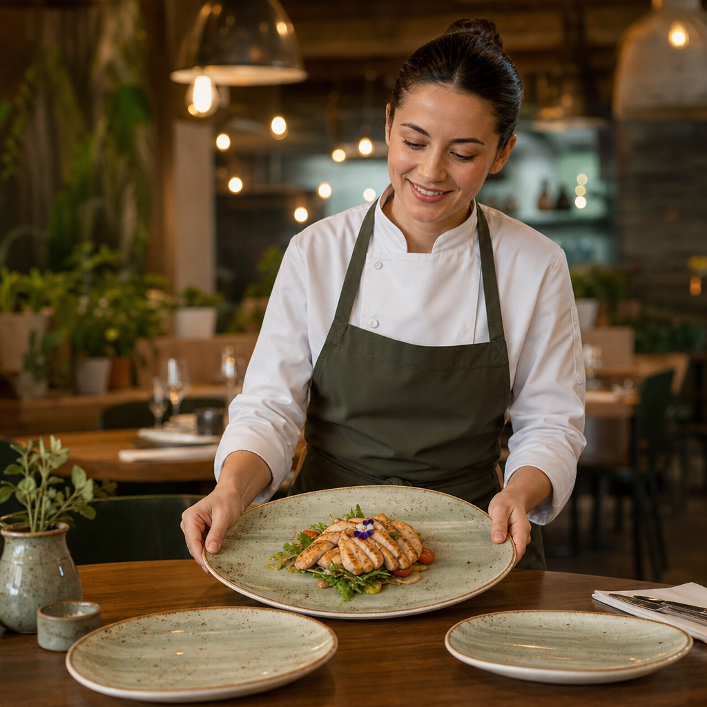Plates 370mm Green Porcelain for Cafés & Restaurants (Pack of 6)