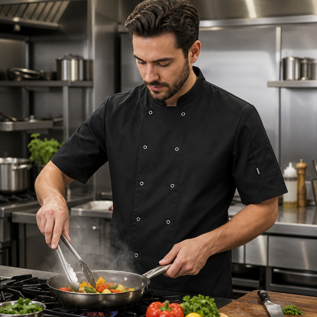Short Sleeve Black Polycotton Chef Jacket for Professional Kitchens