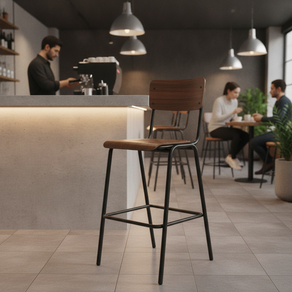 FSC-Certified Plywood High Stool with Dark Walnut Effect 1110x455mm for Bars & Cafés