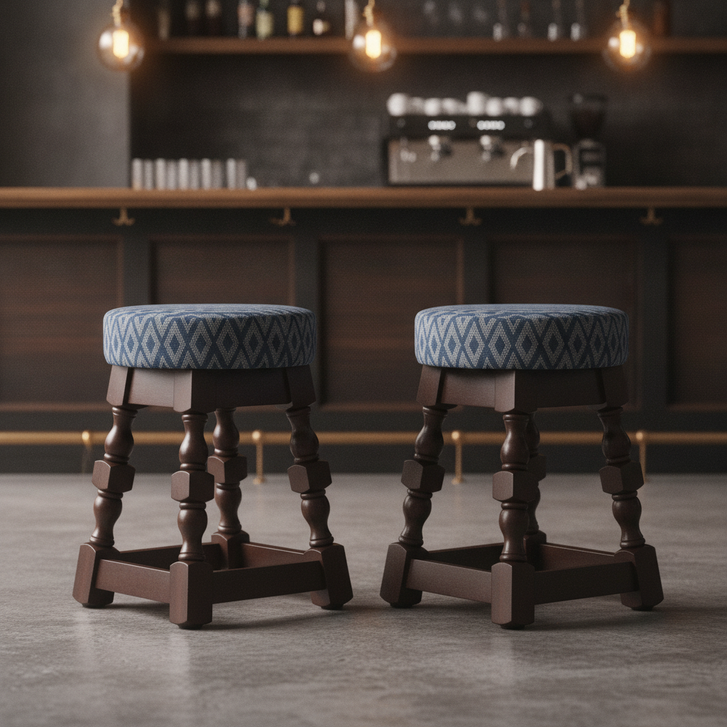 Rubber Wood Low Bar Stools with Blue Diamond Seat 500x345mm for Pubs & Clubs (Pack of 2)