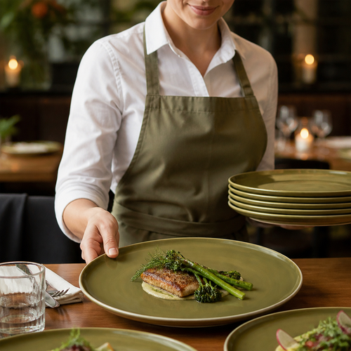 Alumina Stack Plates Olive 285mm Green Vitrified Ceramic for Casual Dining (Pack of 6)