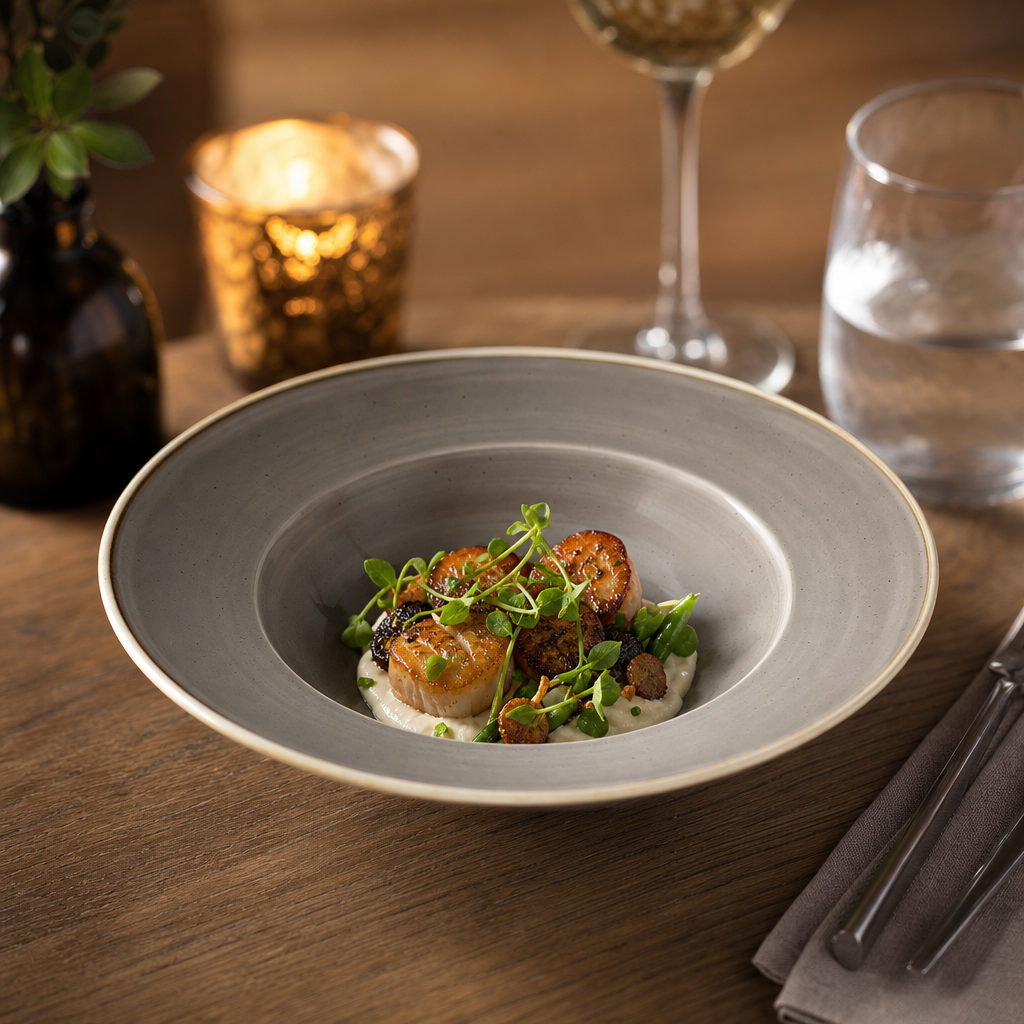 Stonecast Round Wide Rim Bowl in Peppercorn Grey for Elegant Dining
