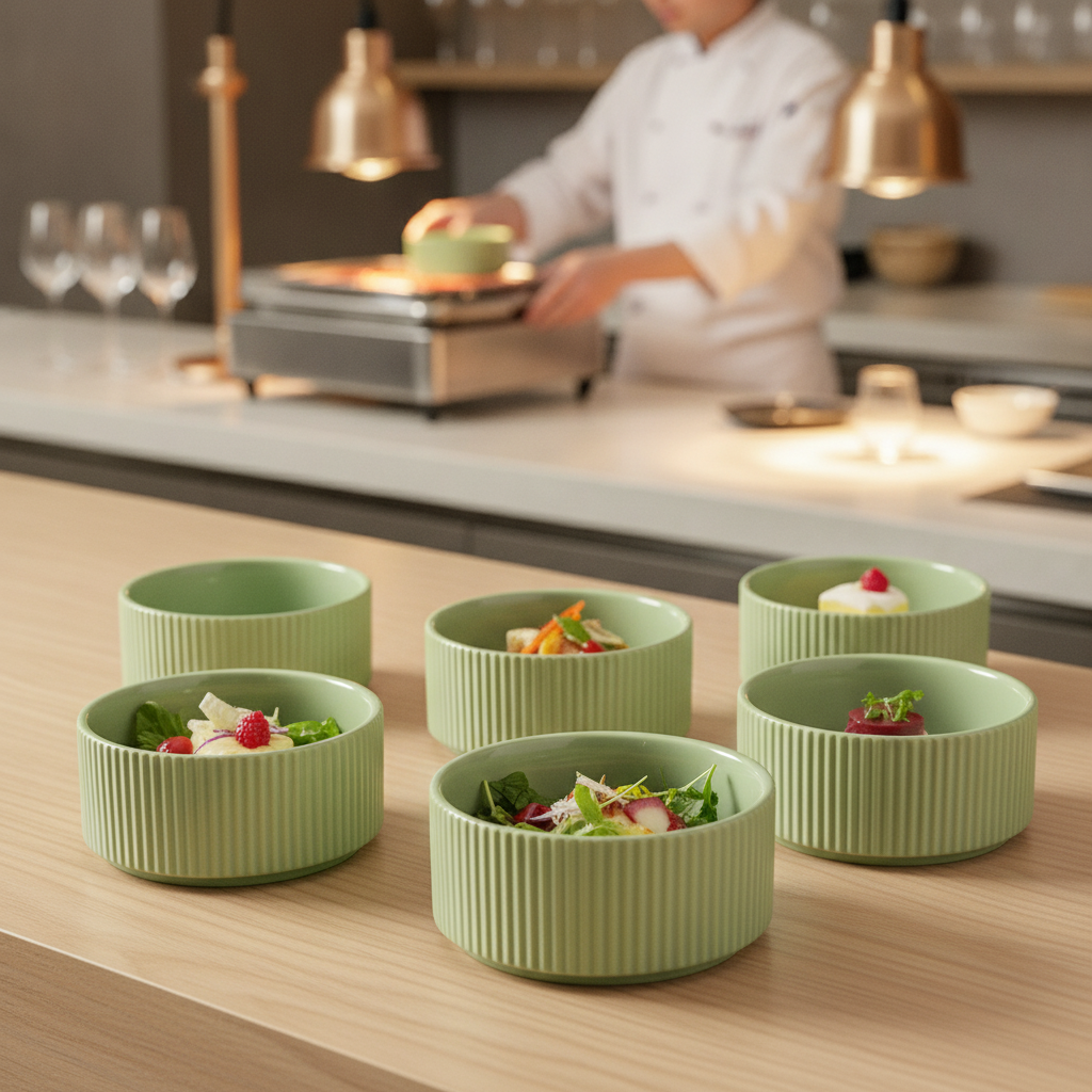 Porcelain Green Bowls 350ml for Tabletop & Buffet Use (Pack of 6)