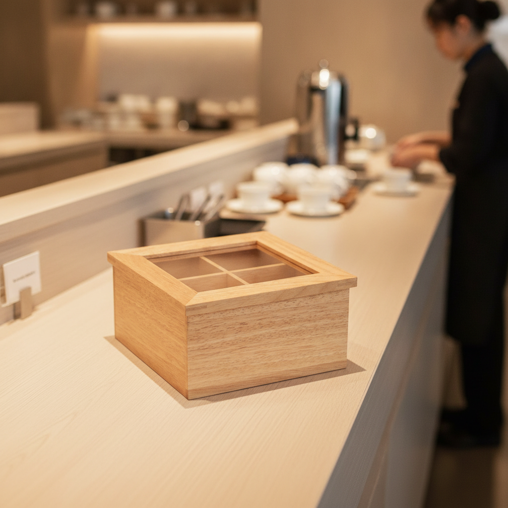 Hevea Wood Mini Tea Box with Transparent Lid for Self-Service Areas