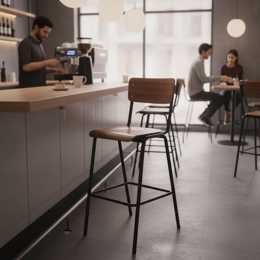 FSC-Certified Plywood High Stool with Dark Walnut Effect 1110x455mm for Bars & Cafés
