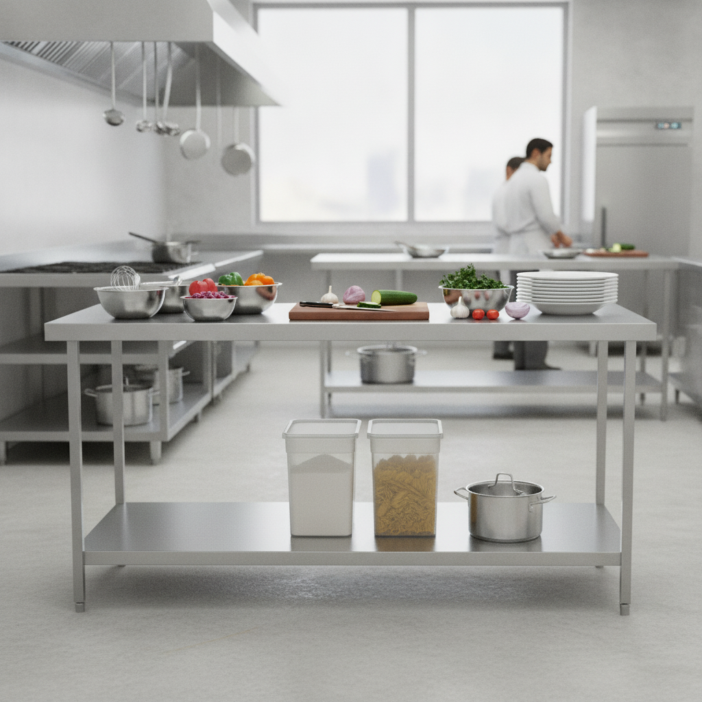 304 Stainless Steel Centre Table 600mm Deep for Food Preparation