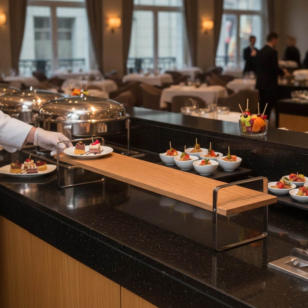 Oak Wood and Stainless Steel Medium High Presentation Table for Buffets