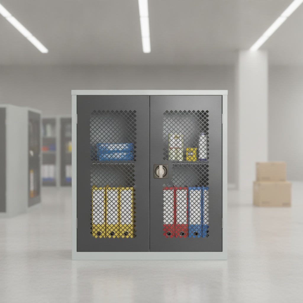 Powder Coated Steel Mesh-Fronted Stock Control Cupboard for Offices & Retail