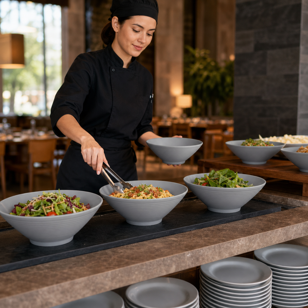 Medium Rippled Bowls Seattle Grey Melamine for Buffet Presentations (Pack of 6)