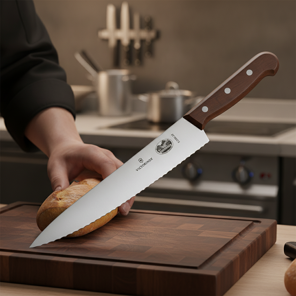 Stainless Steel Wood Serrated Chefs Knife 22cm for Professional Use