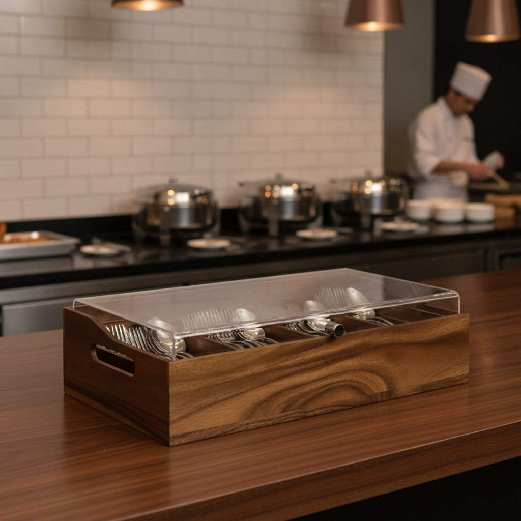 Wooden Cutlery Holder with Plastic Lid 280x130mm for Buffet Stations