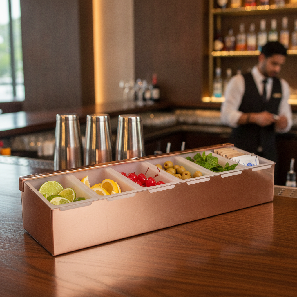 Stainless Steel Copper Plated 6 Compartment Condiment Holder 450mm for Bars & Pubs