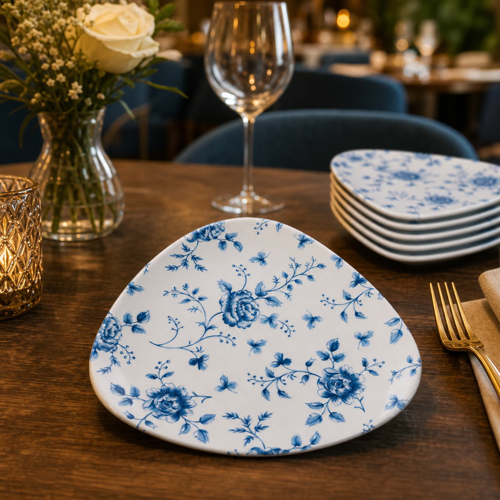 Pattern Triangle Plates Blue Porcelain for Serving Delicacies (Pack of 12)