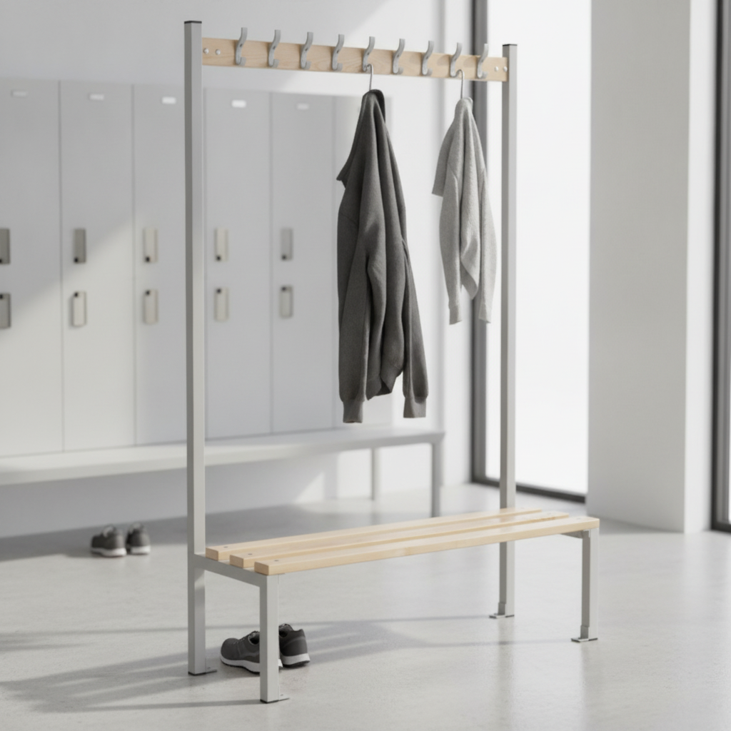 Steel Coat Hanger Bench 1200mm with Ash Wood Slats for Leisure Facilities