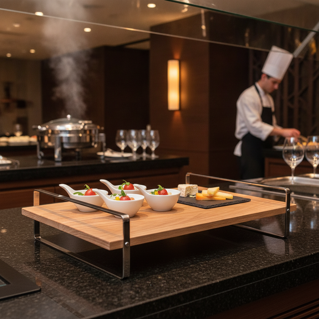 Oak Wood and Stainless Steel Low Presentation Table for Buffets