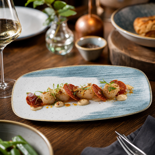 Chefs Oblong Plate Blue White Vitrified Ceramic for Dining Experiences (Pack of 12)