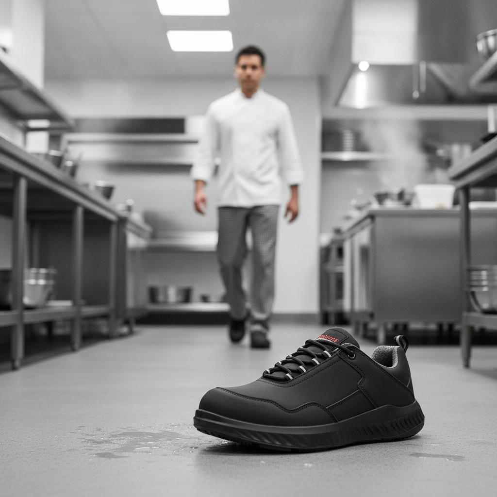 Microfibre Black Safety Trainers with Steel Toe Cap for Catering Staff