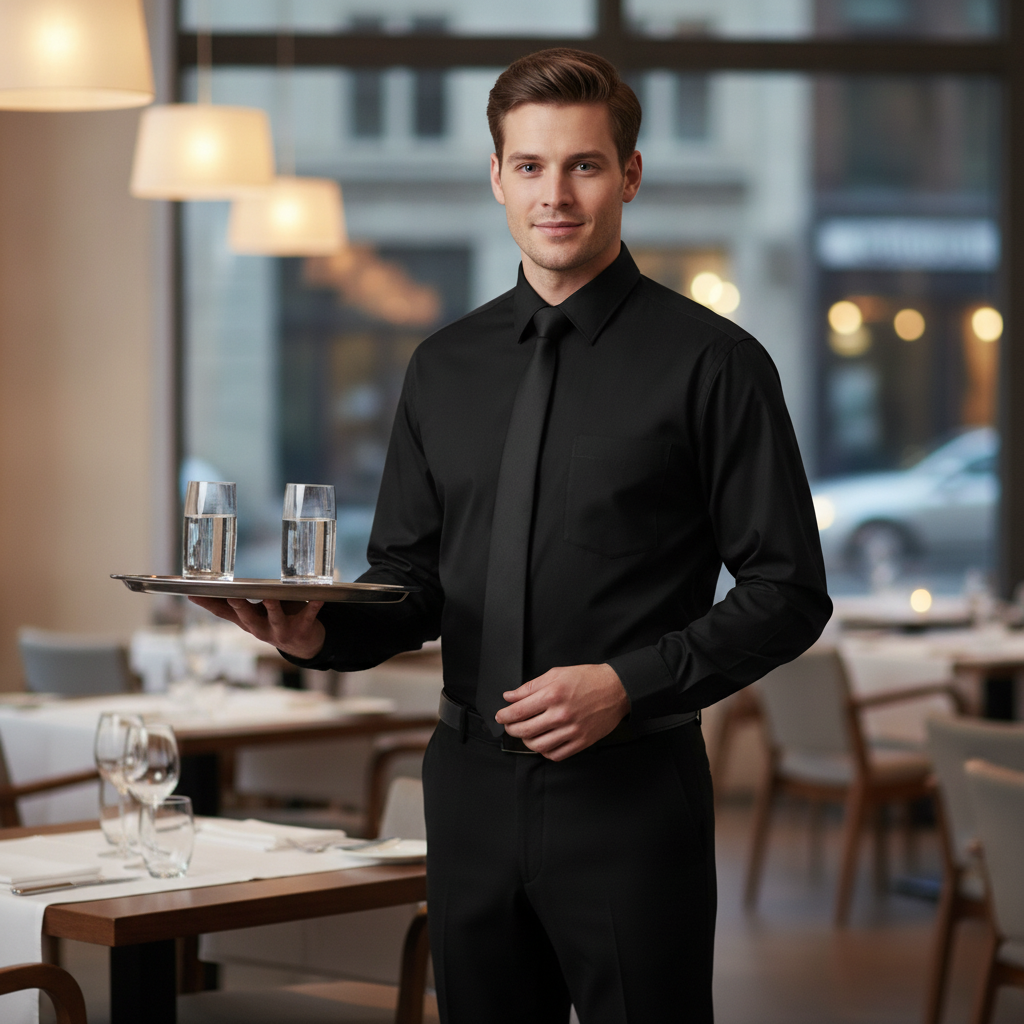 Polycotton Long Sleeve Black Dress Shirt for Restaurants