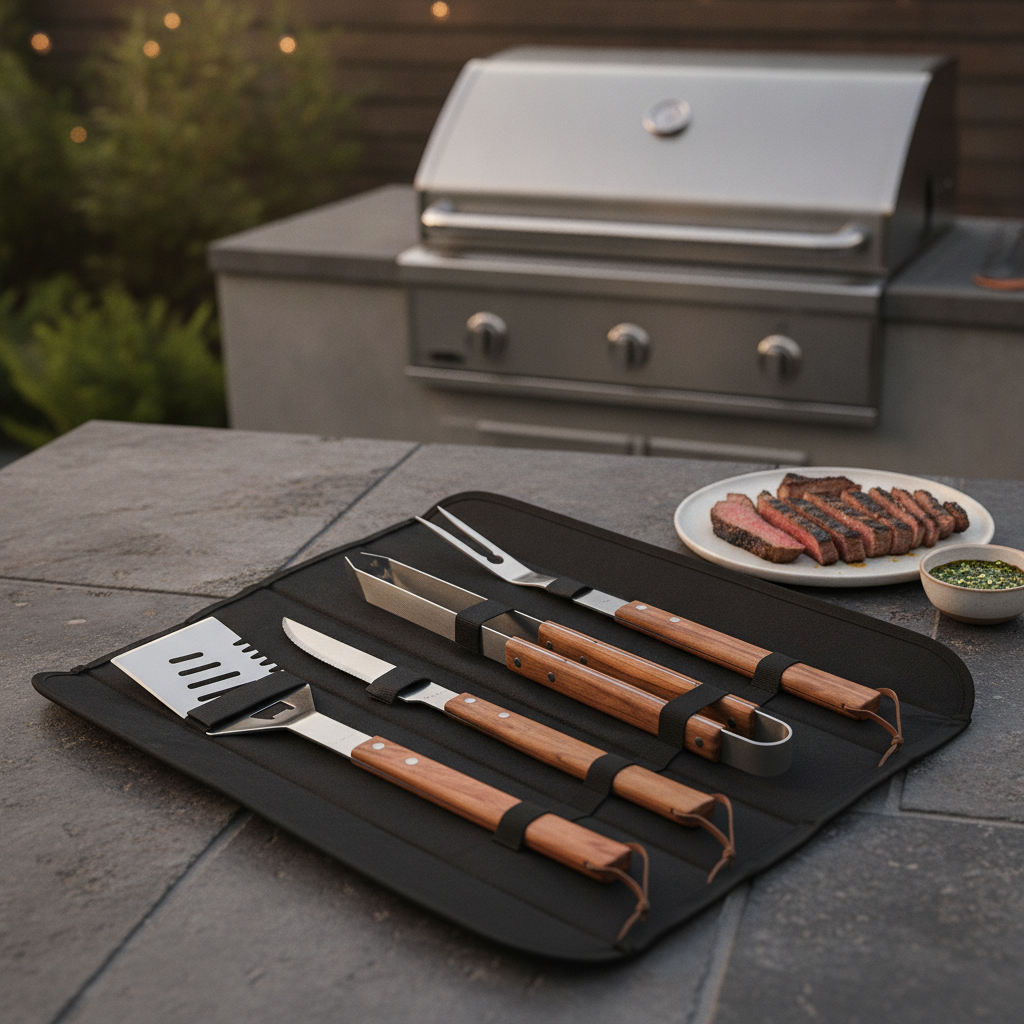 Stainless Steel BBQ Utensil Set with Bubinga Wood Handles for Outdoor Cooking