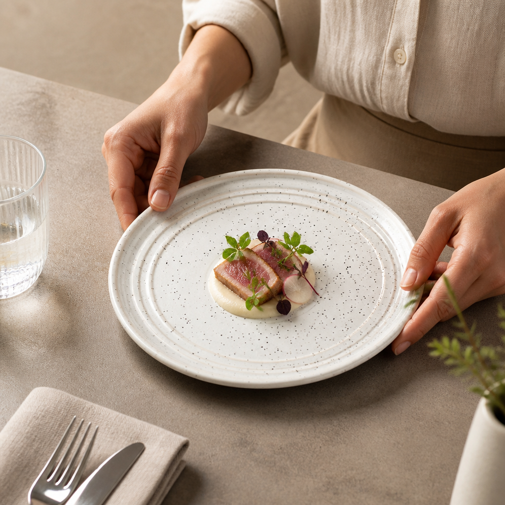 Porcelain Flat Round Plates with White Speckle 180mm for Restaurant Dining