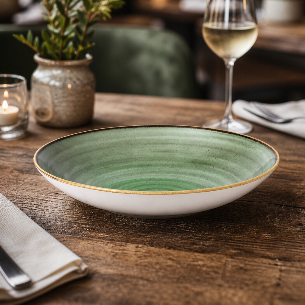 Stonecast Samphire Green Coupe Bowls 12" for Rustic Table Settings - Pack of 6