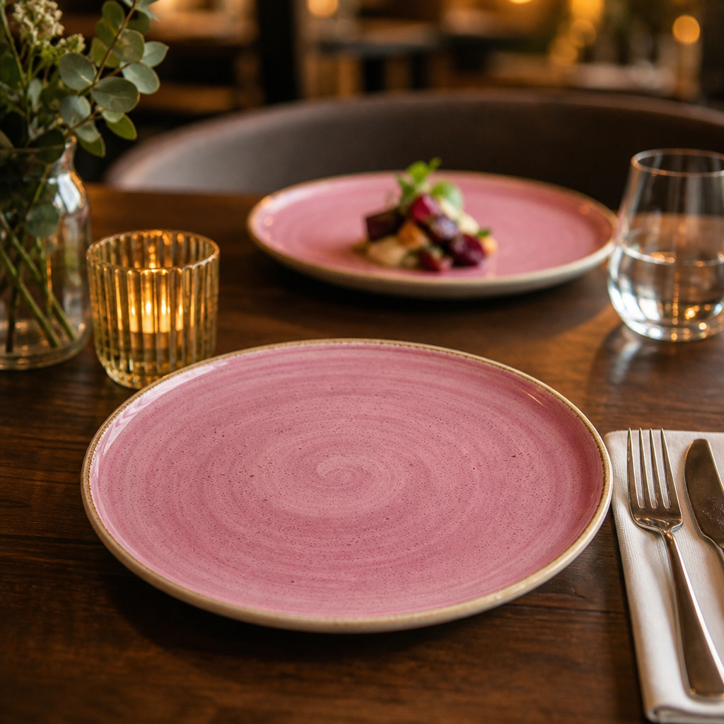 Hand-Decorated Stack Plates 202.5mm Pink Vitrified Ceramic for Restaurants & Cafés (Pack of 12)