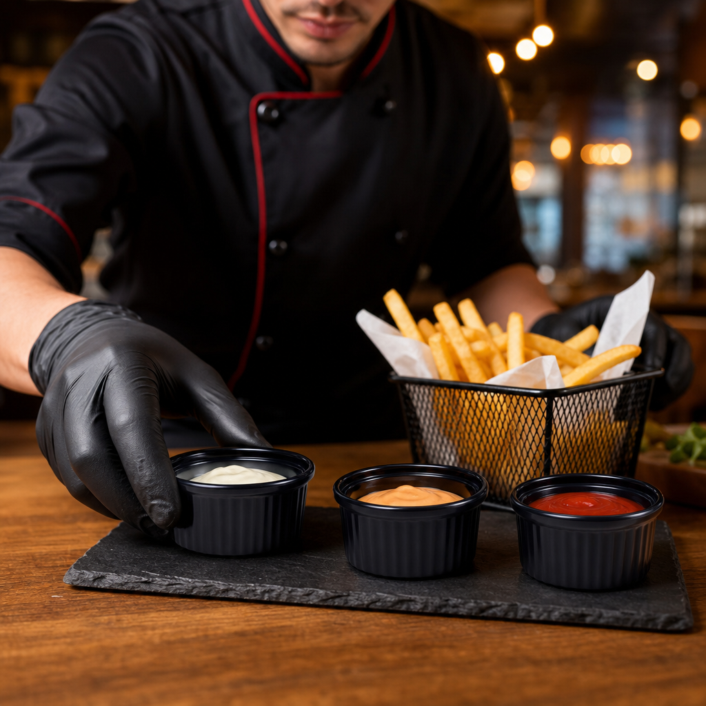 Ramekins 60ml Black Melamine for Serving Sauces & Condiments (Pack of 12)