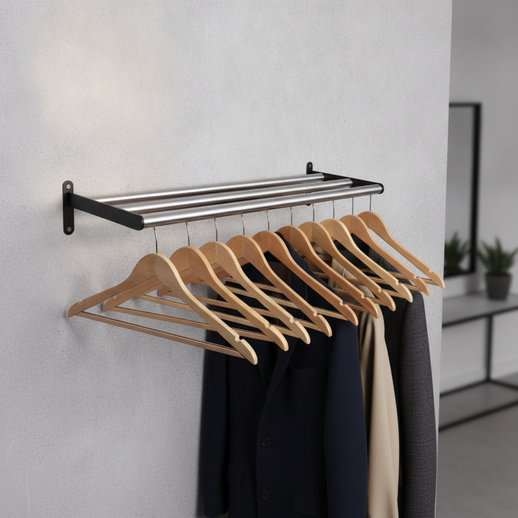 Steel Wall-Mounted Coat Rack with 10 Wooden Hangers for Home & Office