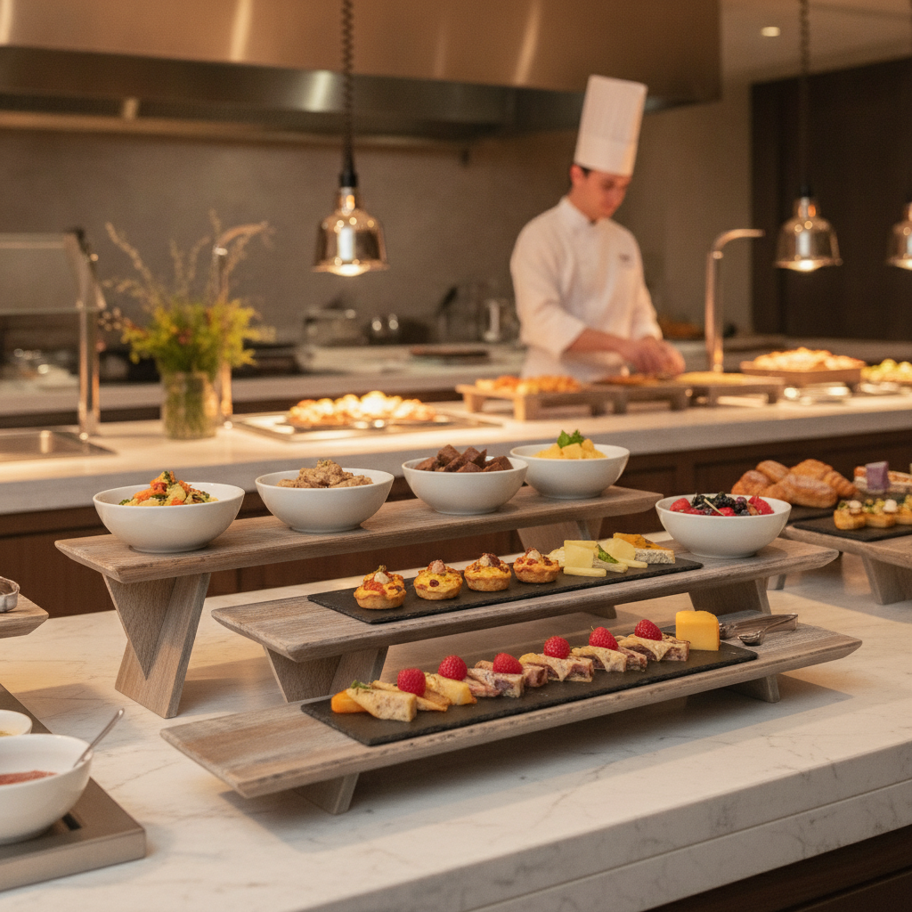 Wood Riser Set in Ash Grey 140x152mm for Upscale Buffet Presentations
