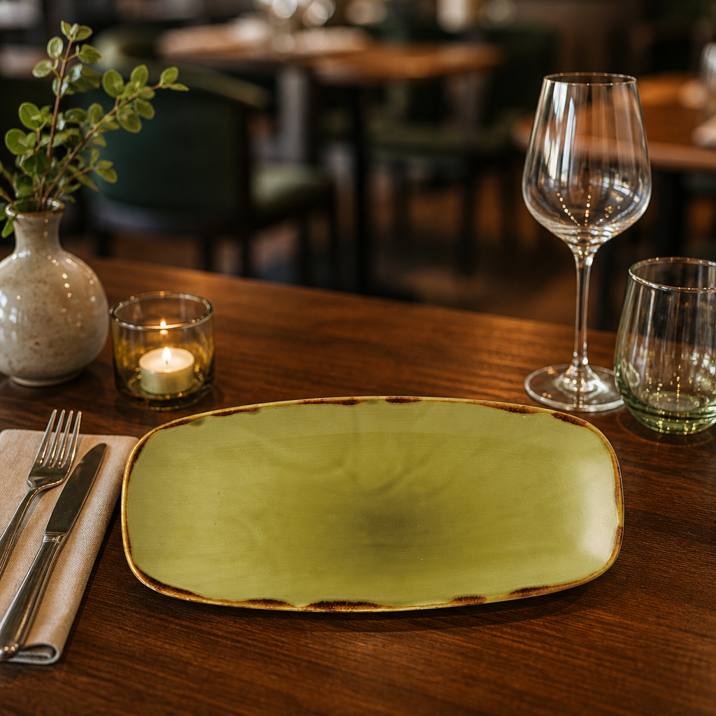 Oblong Chefs Plates Green Porcelain for Farm-to-Table Dining (Pack of 6)